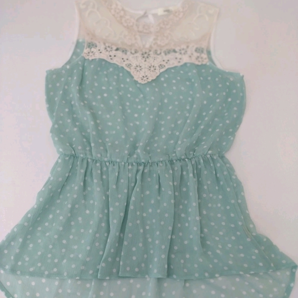 LG Vintage Every 1 By Janette Plus Polka Dot Green Asymmetrical Top Lace Detail